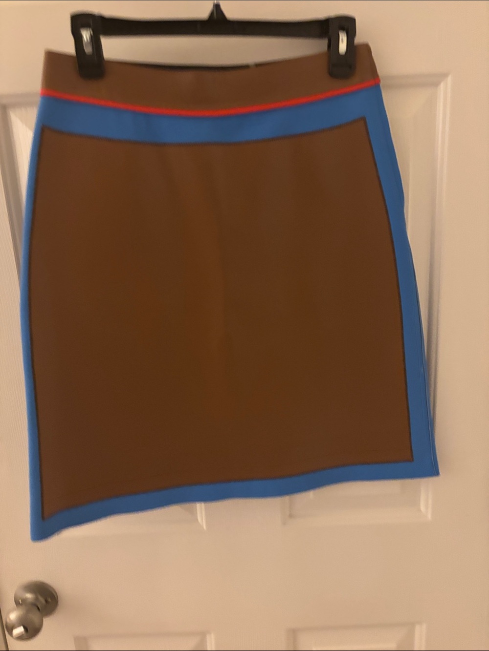 FENDI: Brown Leather Skirt with Blue and Red Trim Classic FENDI